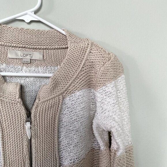 LOFT beige white knit full zip jacket sweater vintage style cotton linen size XS - Picture 2 of 10